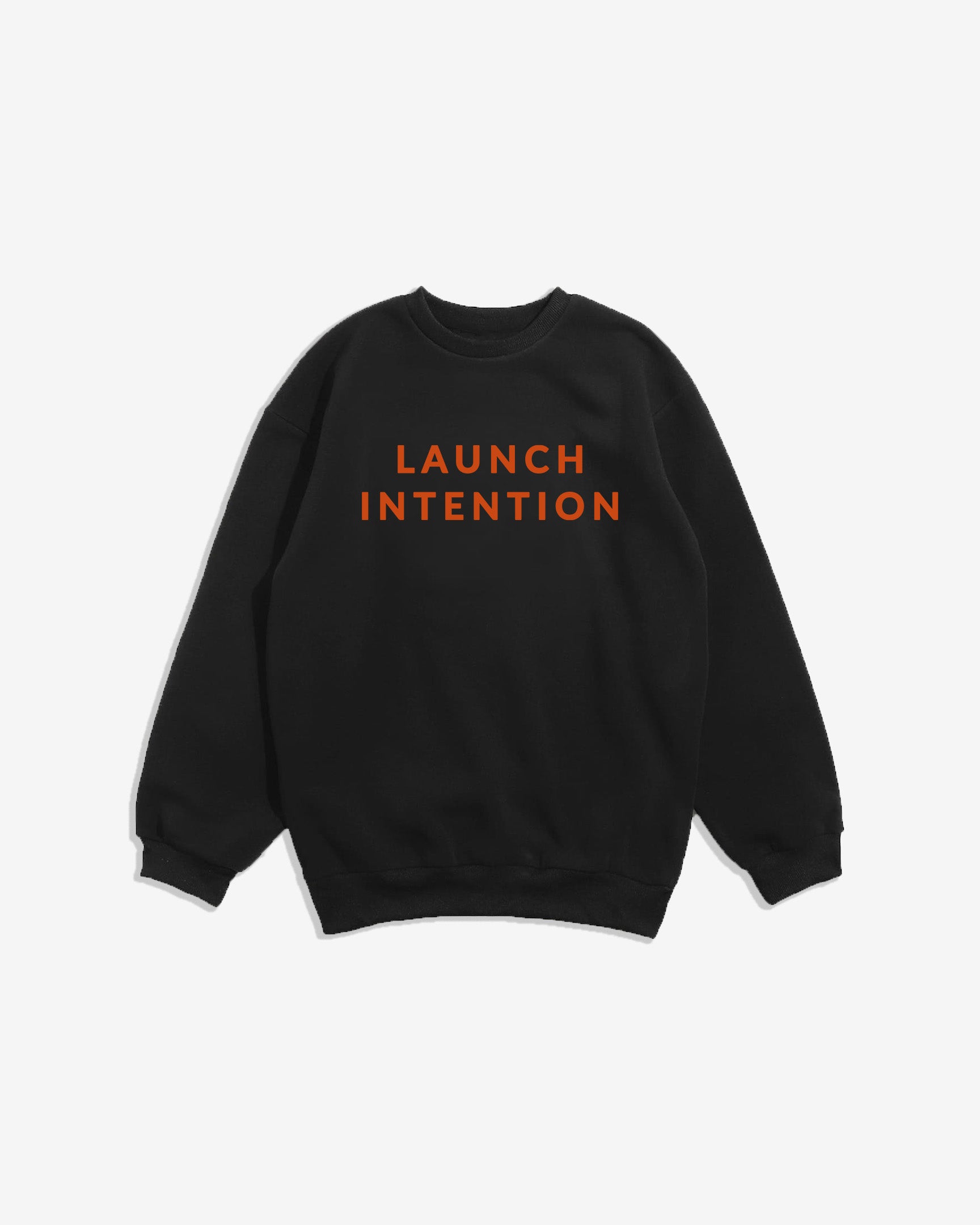 Front view of Intention x SF limited crew neck with Launch Intention graphic