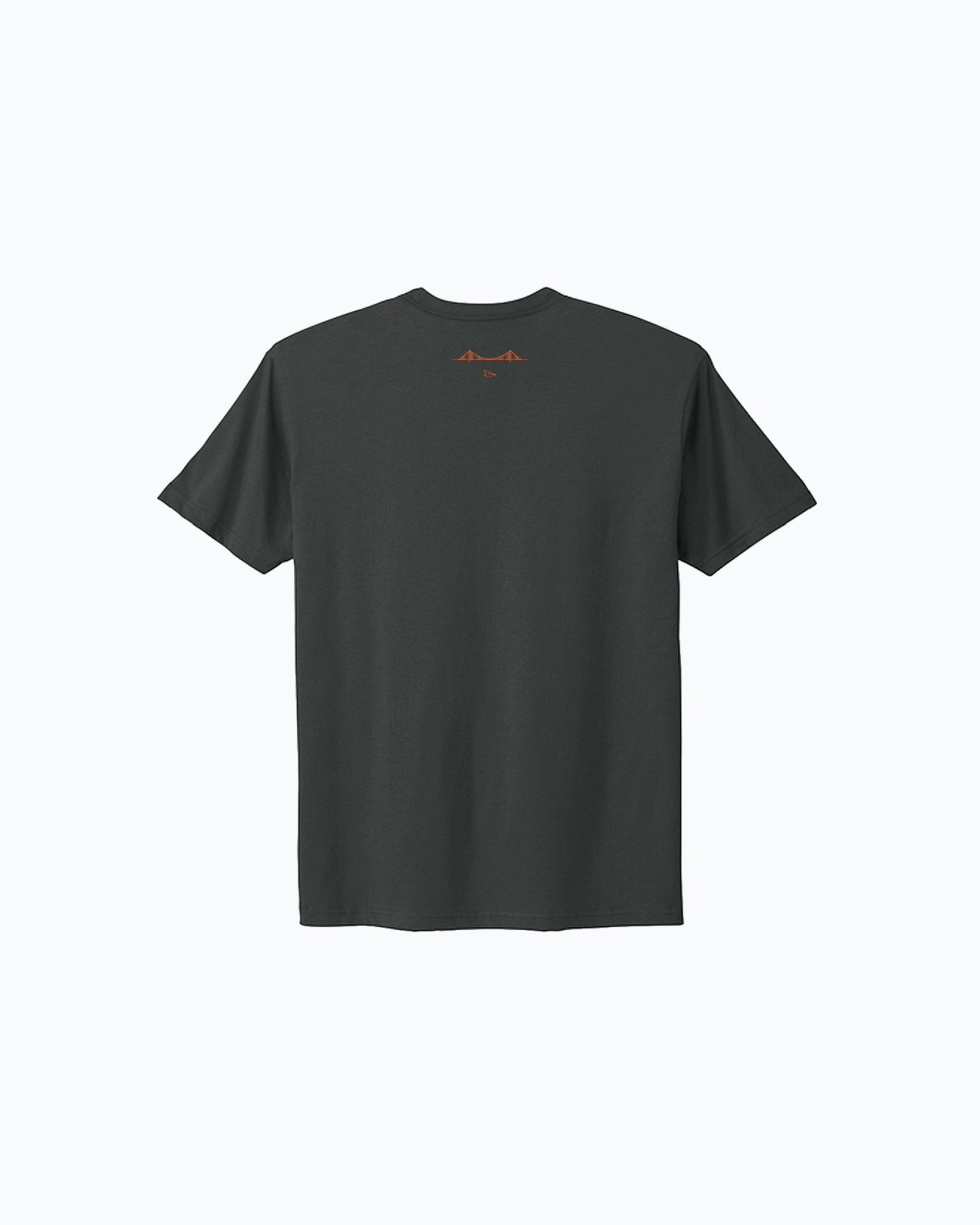 Back view of Intention x SF limited tee with Golden Gate Bridge and paper plane artwork
