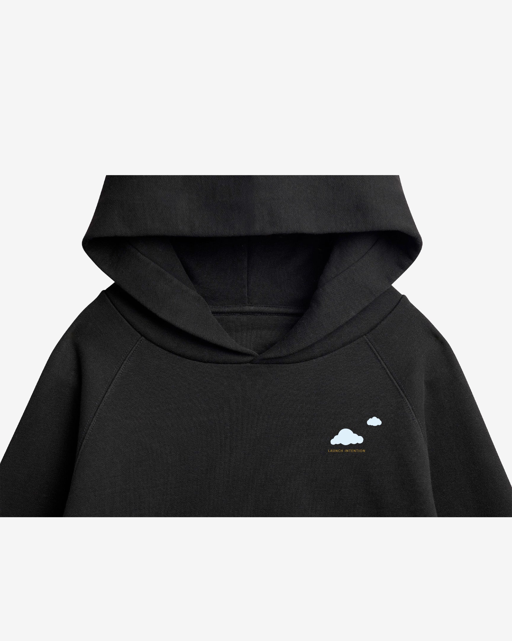 Detail view of Keep Your Head In The Clouds hoodie artwork and Launch Intention print