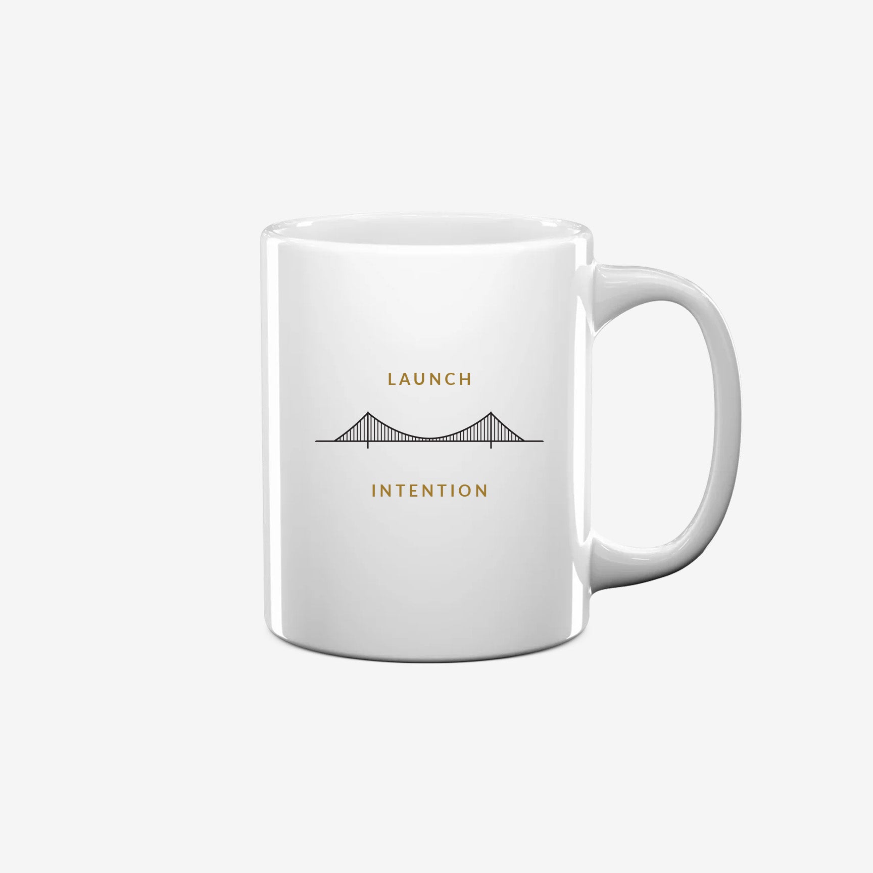 Right side of Launch Intention x SF coffee mug with Golden Gate Bridge wordmark