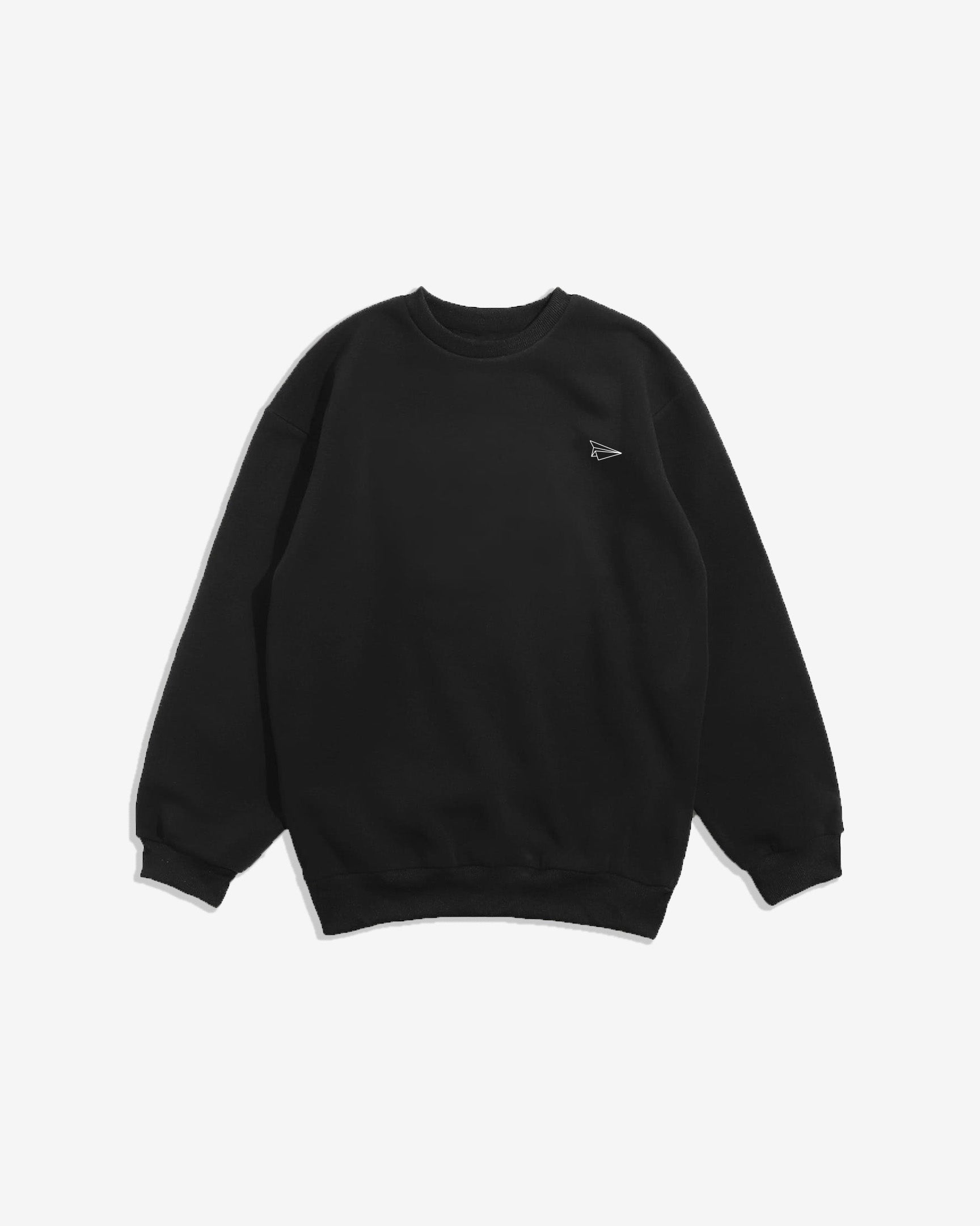 Front view of black and white Launch crew neck with paper airplane chest mark