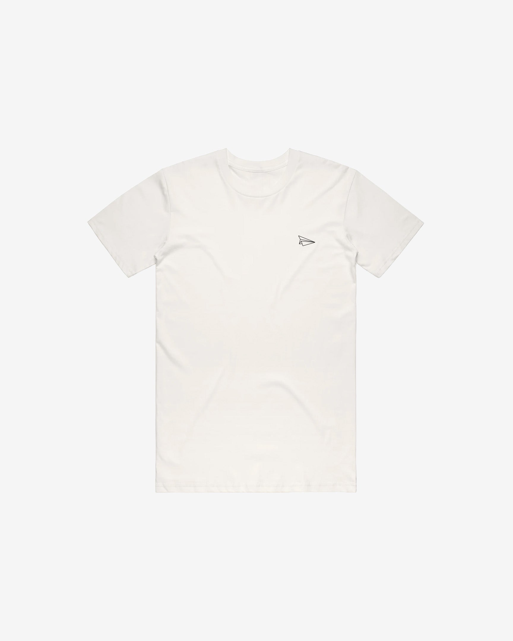 Front view of Launch tee with subtle paper airplane chest mark by Launch Intention
