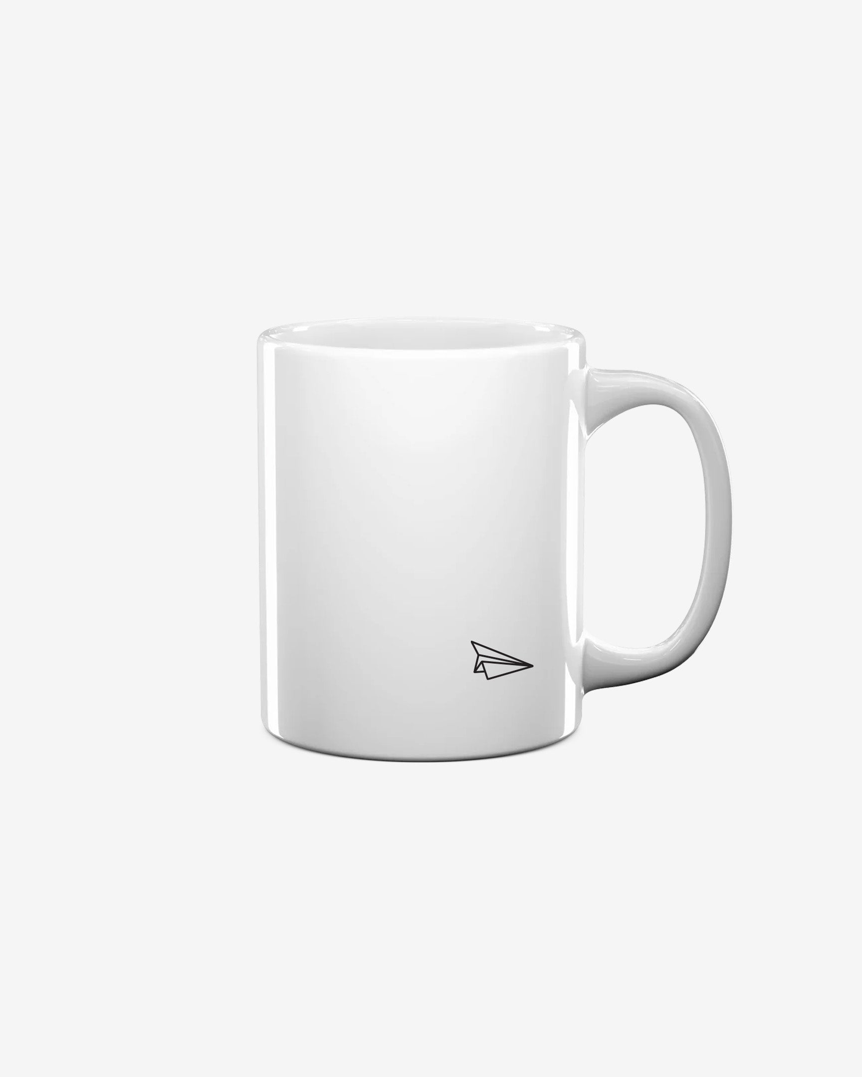 Right side of white Launch Intention staple coffee mug with logo and wordmark