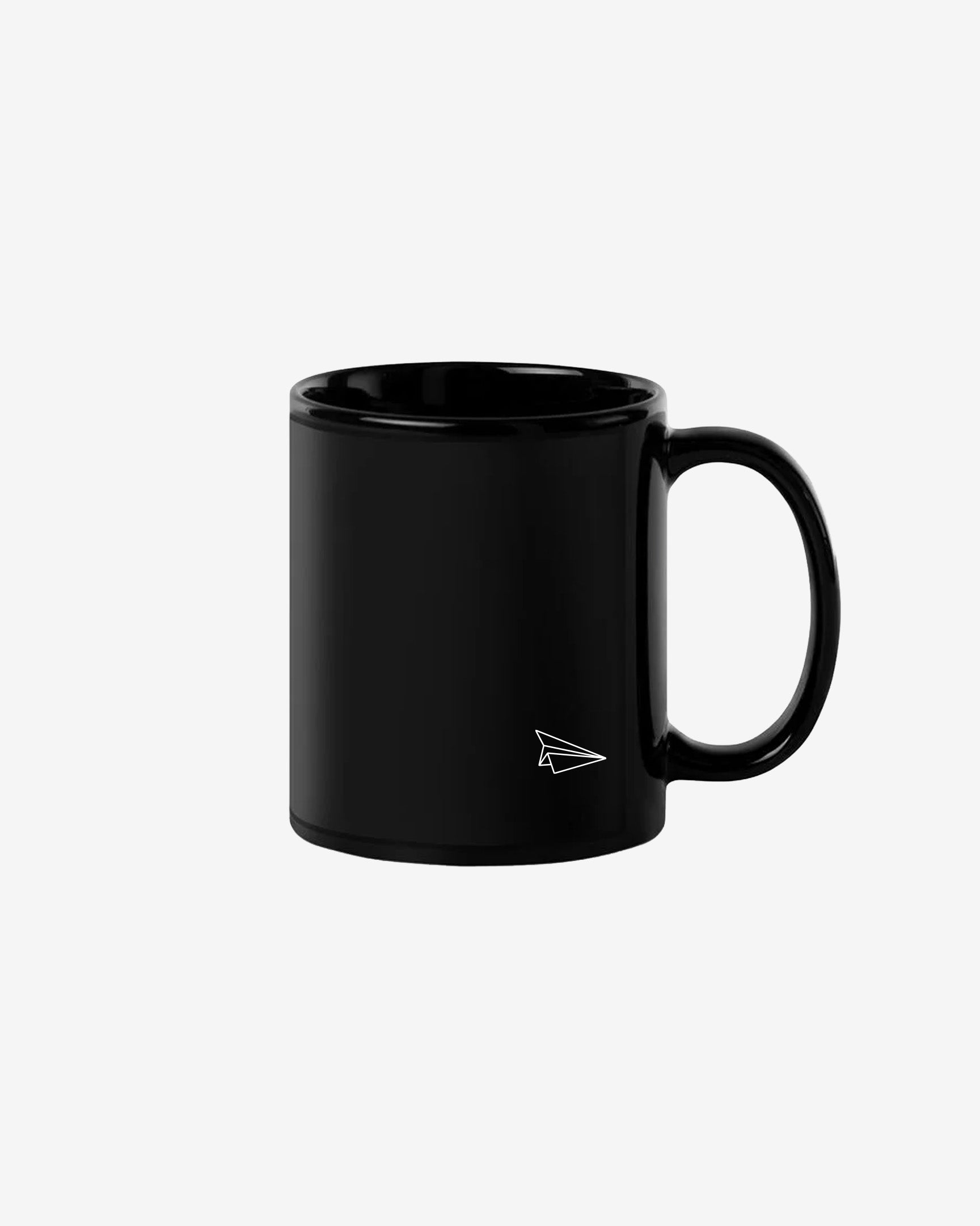 Right side of black Launch Intention staple coffee mug with logo and wordmark