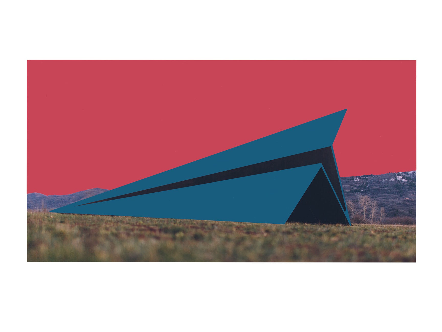 Launch Intention Print No.003 with red paper plane sculpture in an open landscape in the full view of the print.