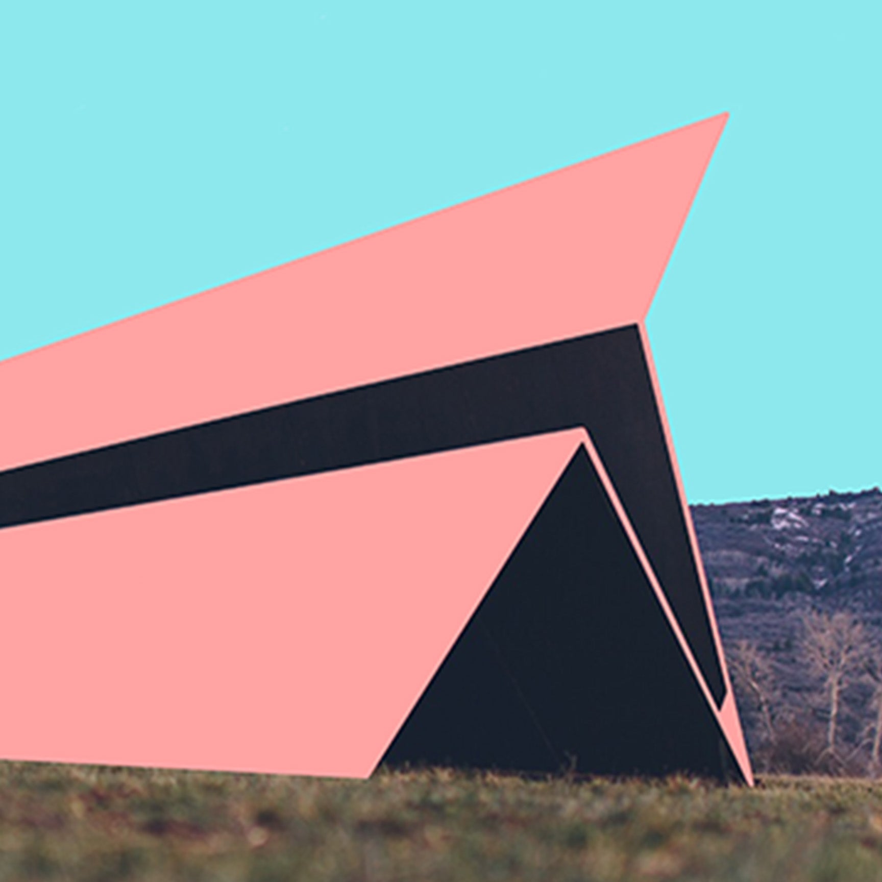 Launch Intention Print No.001 with pink paper plane sculpture in an open landscape