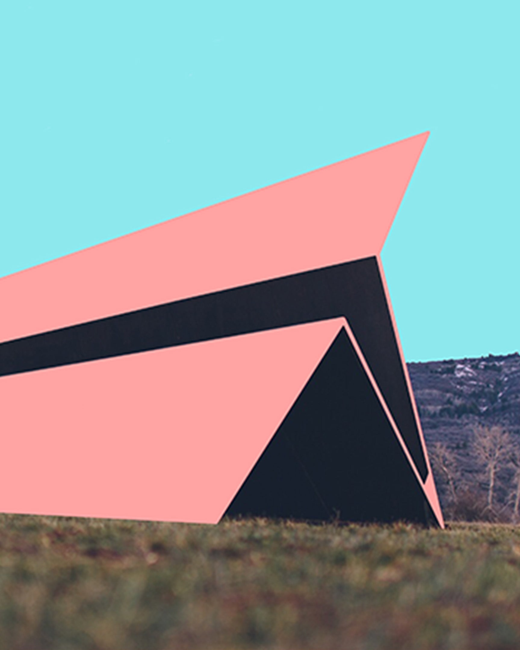 Launch Intention Print No.001 with pink paper plane sculpture in an open landscape
