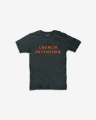 Front view of Intention x SF limited black tee with bold orange Launch Intention graphic