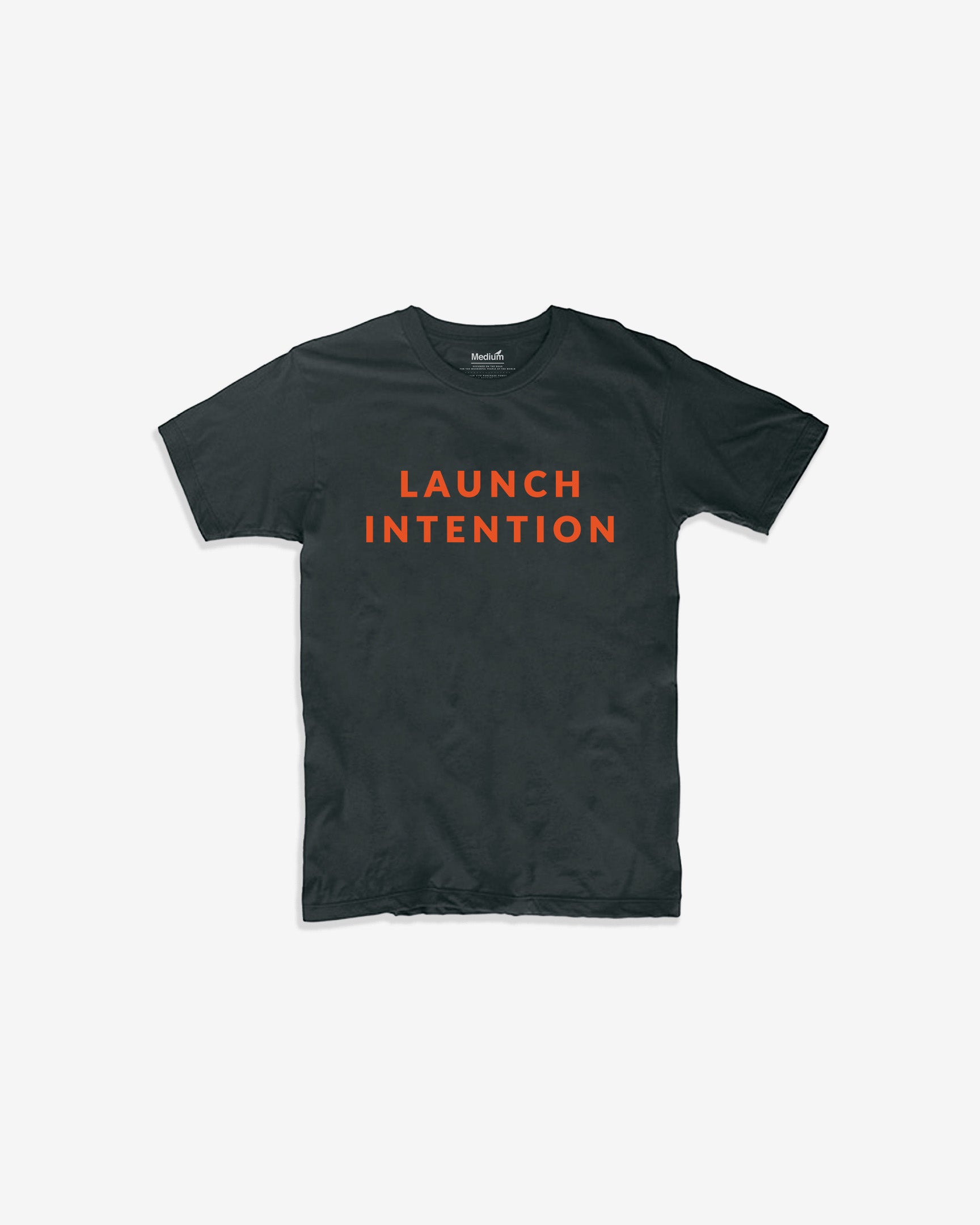 Front view of Intention x SF limited black tee with bold orange Launch Intention graphic