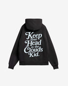 Back view of Keep Your Head In The Clouds hoodie with Launch Intention sky graphic
