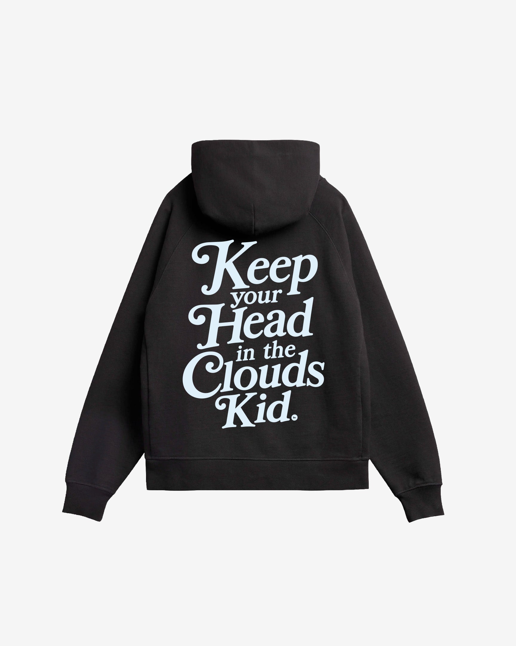 Back view of Keep Your Head In The Clouds hoodie with Launch Intention sky graphic