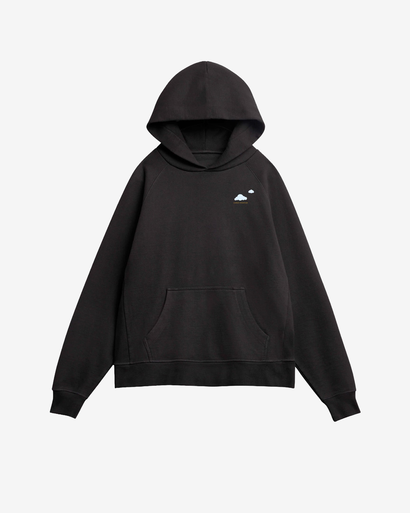 Front view of Keep Your Head In The Clouds black hoodie by Launch Intention
