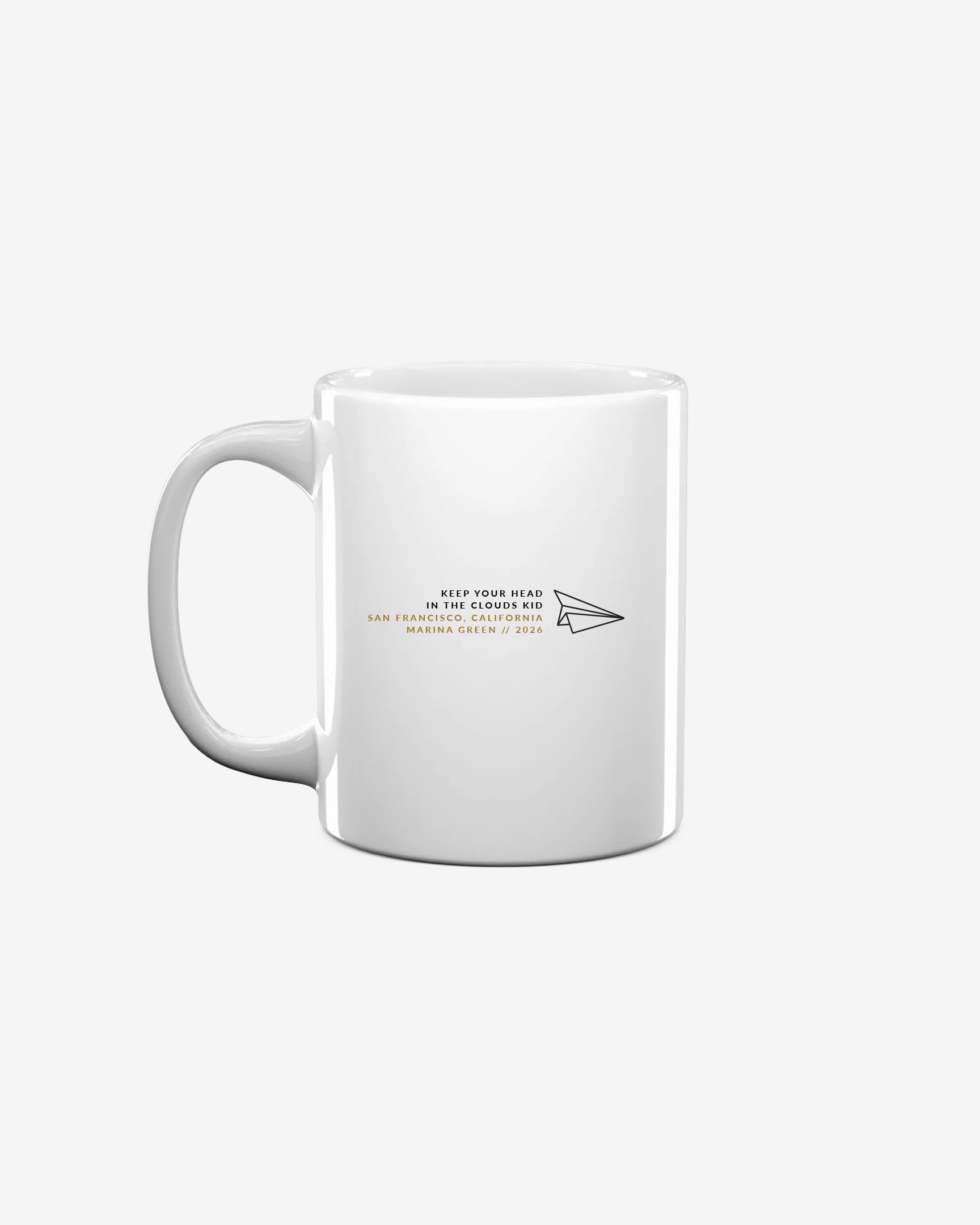 Left side of Launch Intention x SF coffee mug with paper airplane artwork