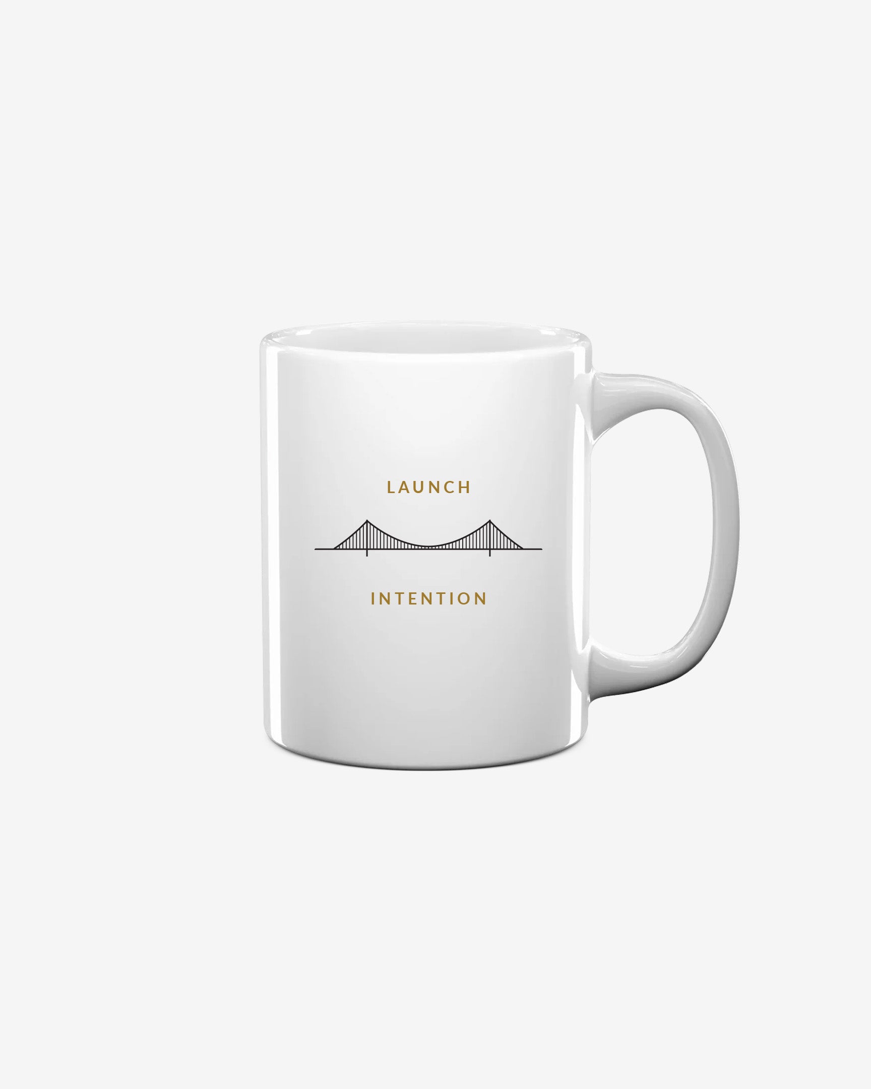 Right side of Launch Intention x SF coffee mug with Golden Gate Bridge wordmark