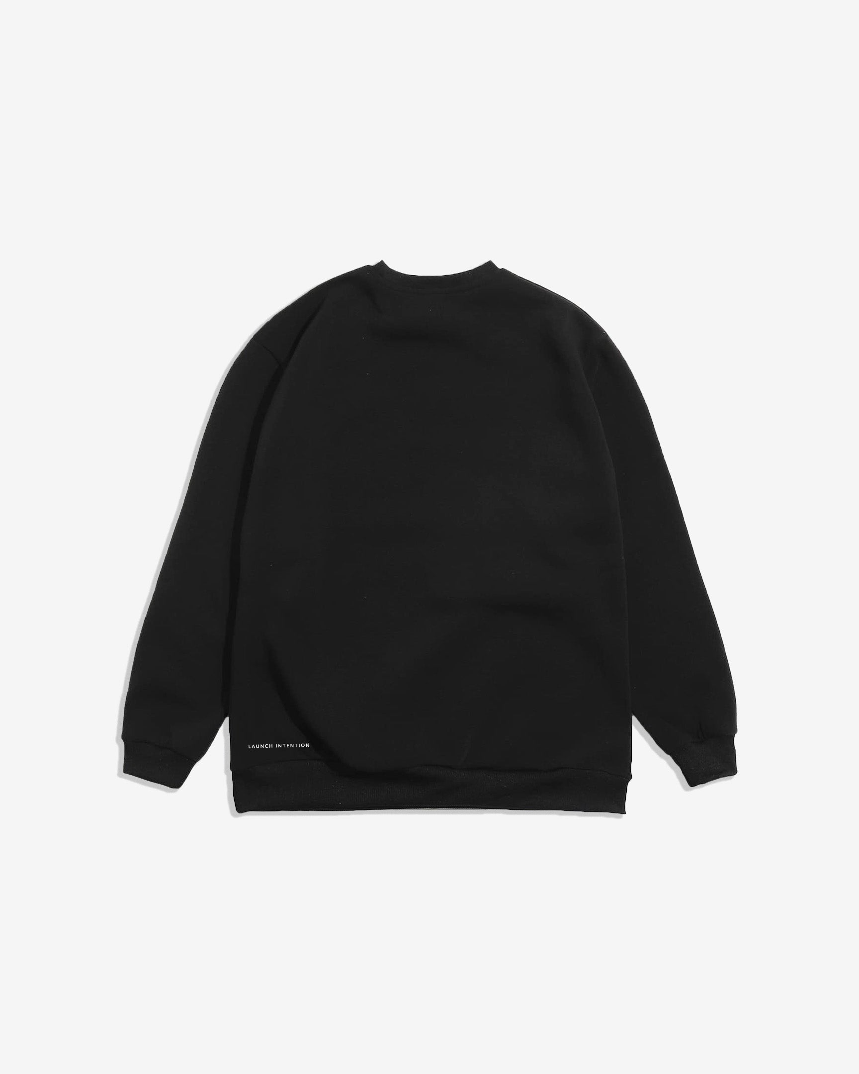 Back view of Launch crew neck with Launch Intention paper airplane graphic