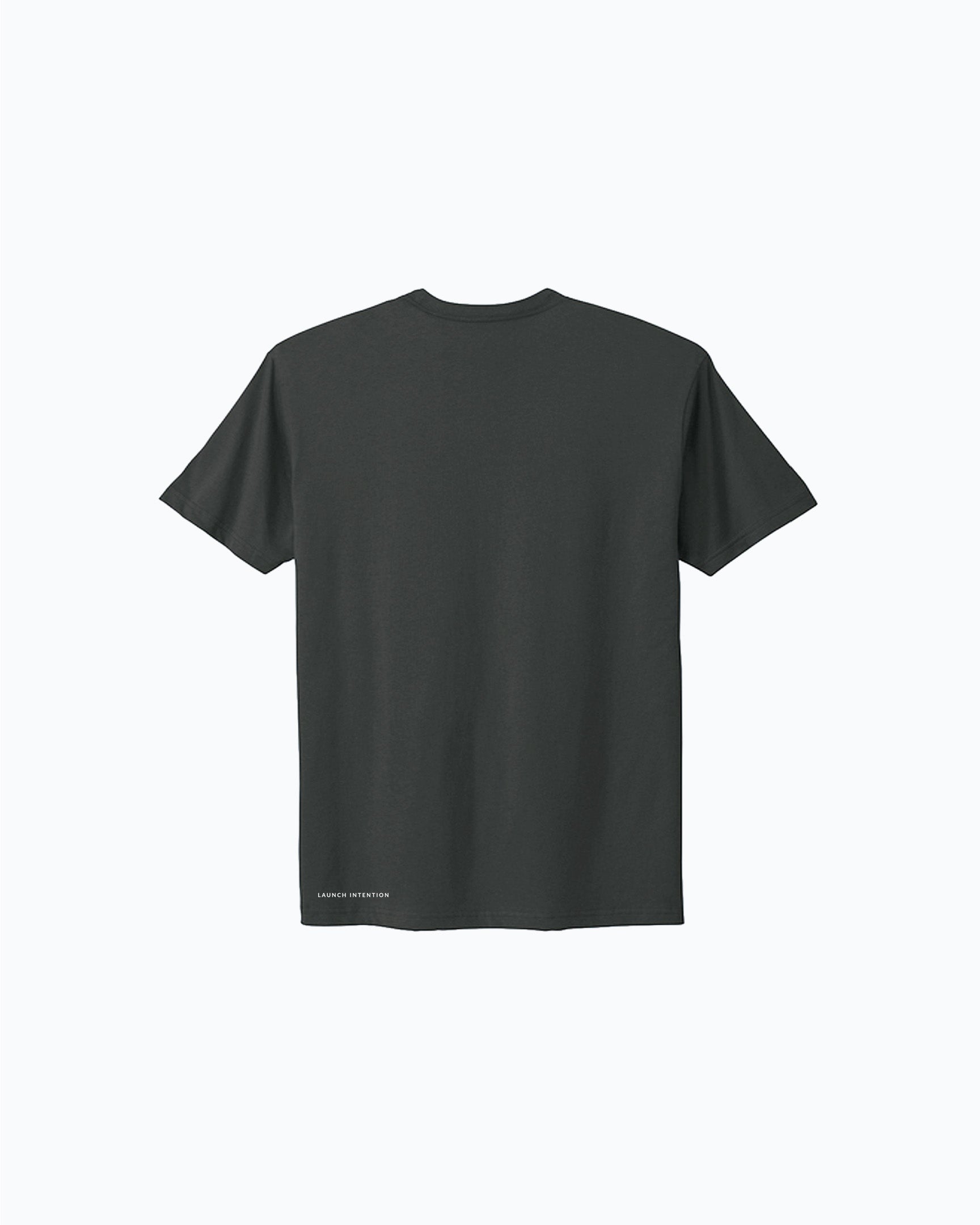 Back view of organic Launch tee with Launch Intention paper airplane graphic