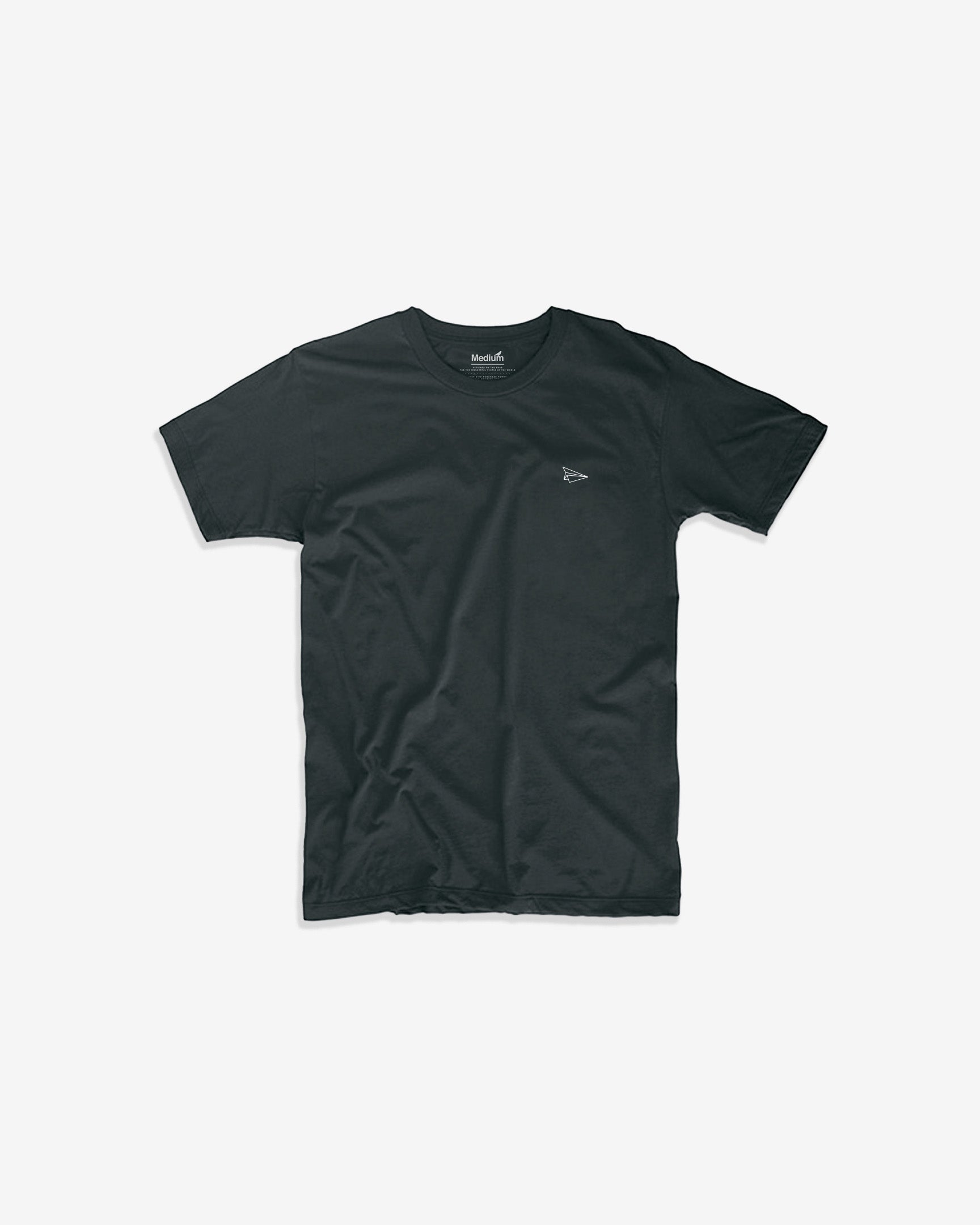 Front view of organic Launch tee with black and white paper airplane chest mark