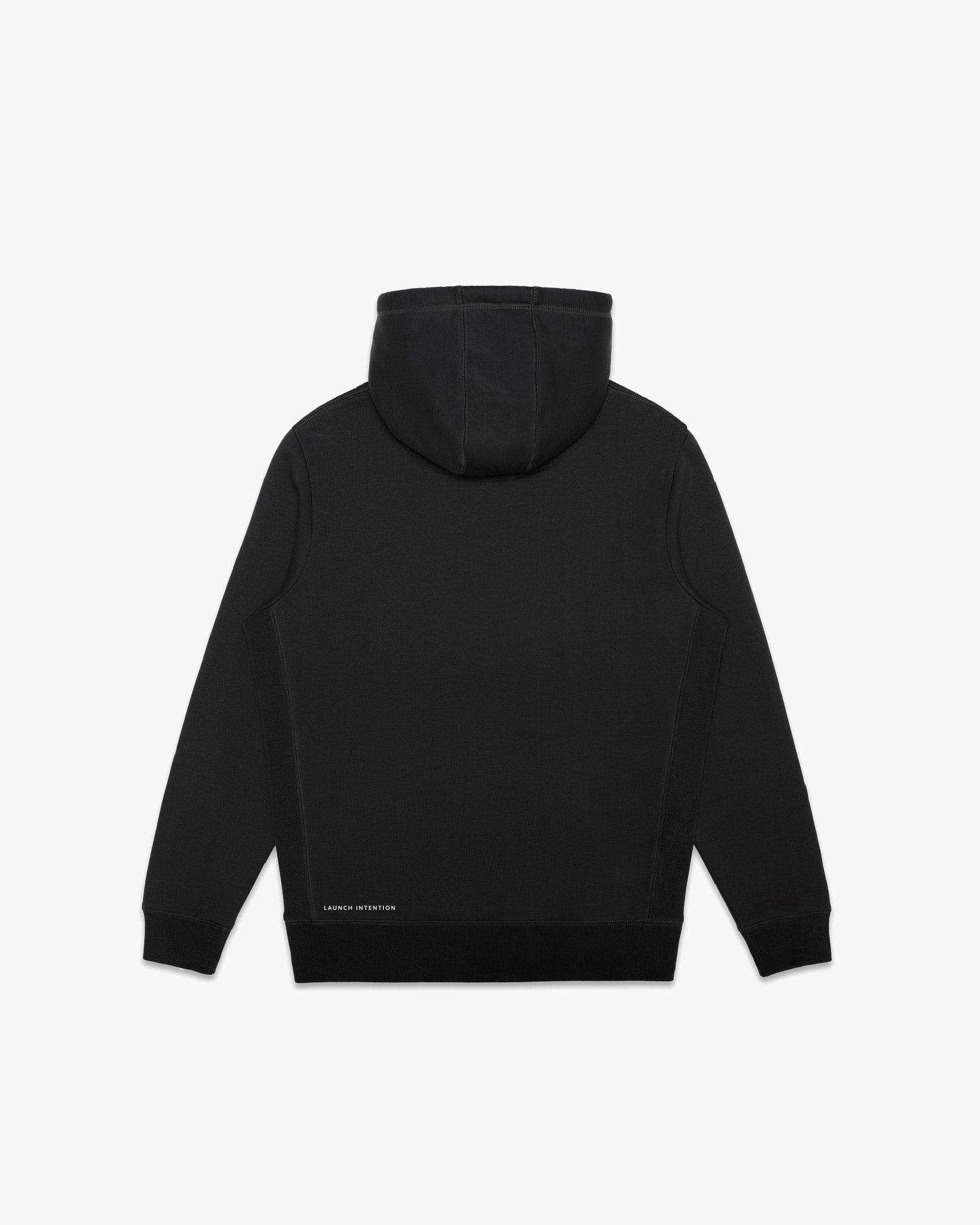 Back view of black Launch zip hoodie with discreet Launch Intention branding