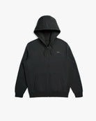 Front view of black Launch zip hoodie with paper airplane chest mark