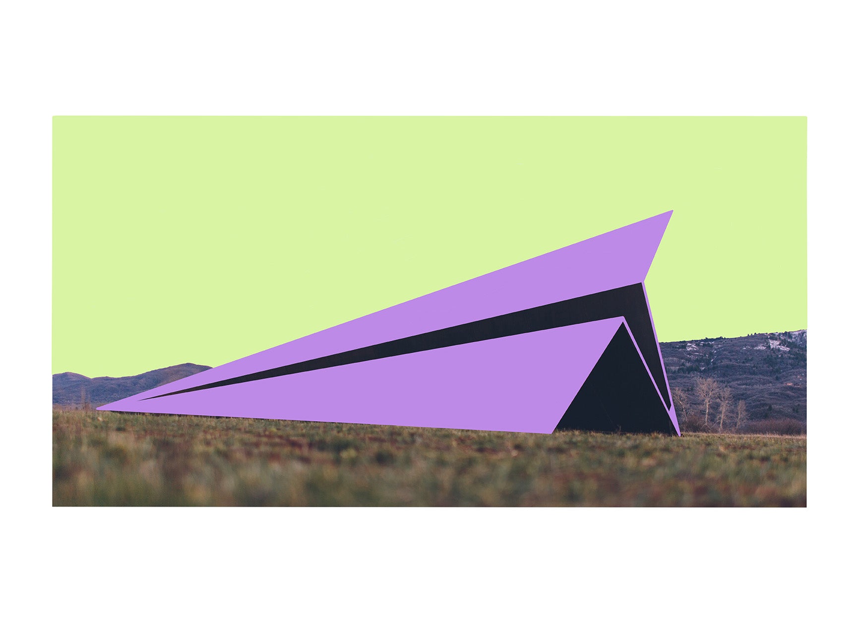 Launch Intention Print No.002 with purple paper plane sculpture in an open landscape in the full view of the print.