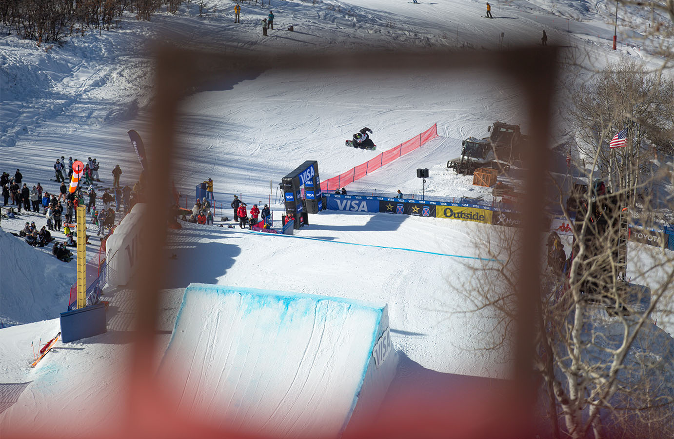 Snowboarder hits the Visa big air jump at Steamboat Springs, Colorado.