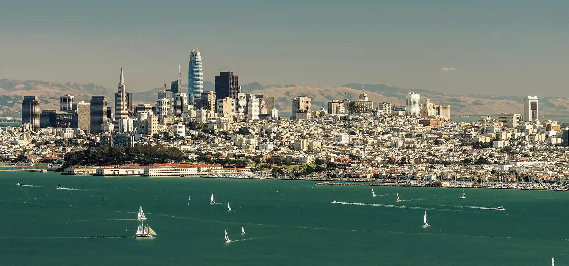 San Francisco City skyline with the Marina Green Launch Intention location with sailboats on the water in the forground.
