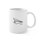 Launch Intention coffee mug with minimalist paper airplane inspired branding